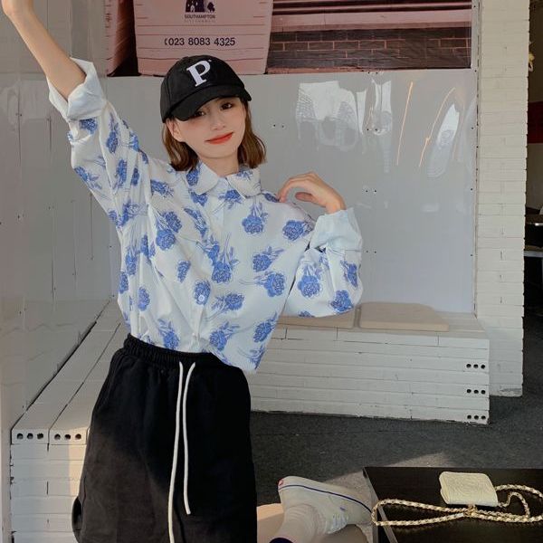 Vintage Fashion Hong Kong - Rose Print Long Sleeve Loose Women's