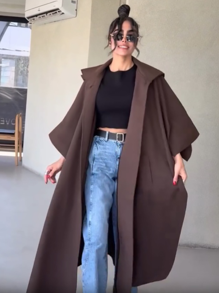 Vintage Fashion Style Female - Fashion Solid Cape‑style Long Overcoat Women
